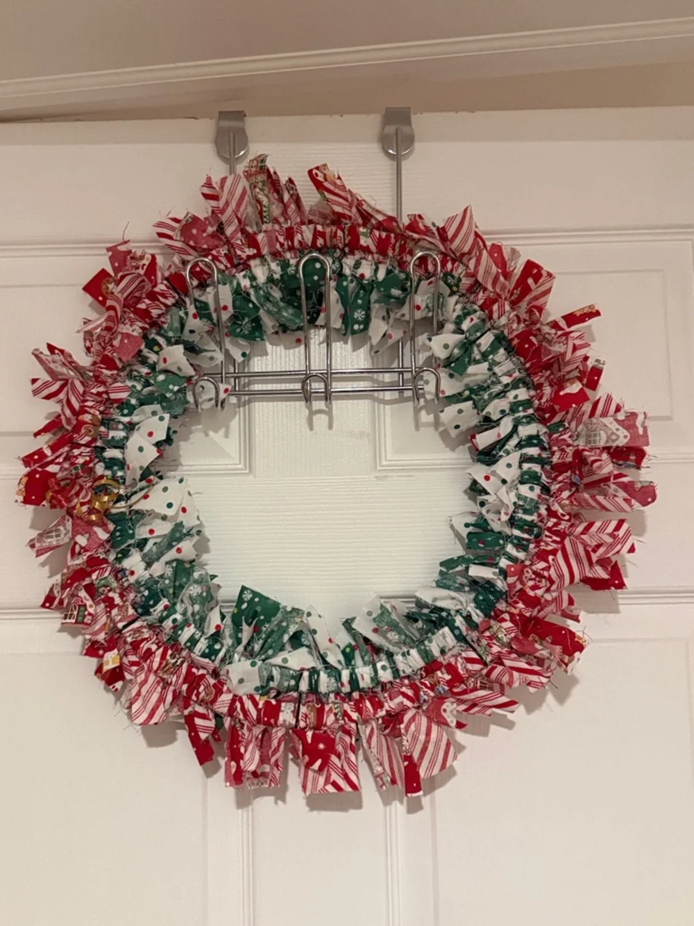 Homemade!! Tied Festive Red, Green & White Holiday Rag Wreath